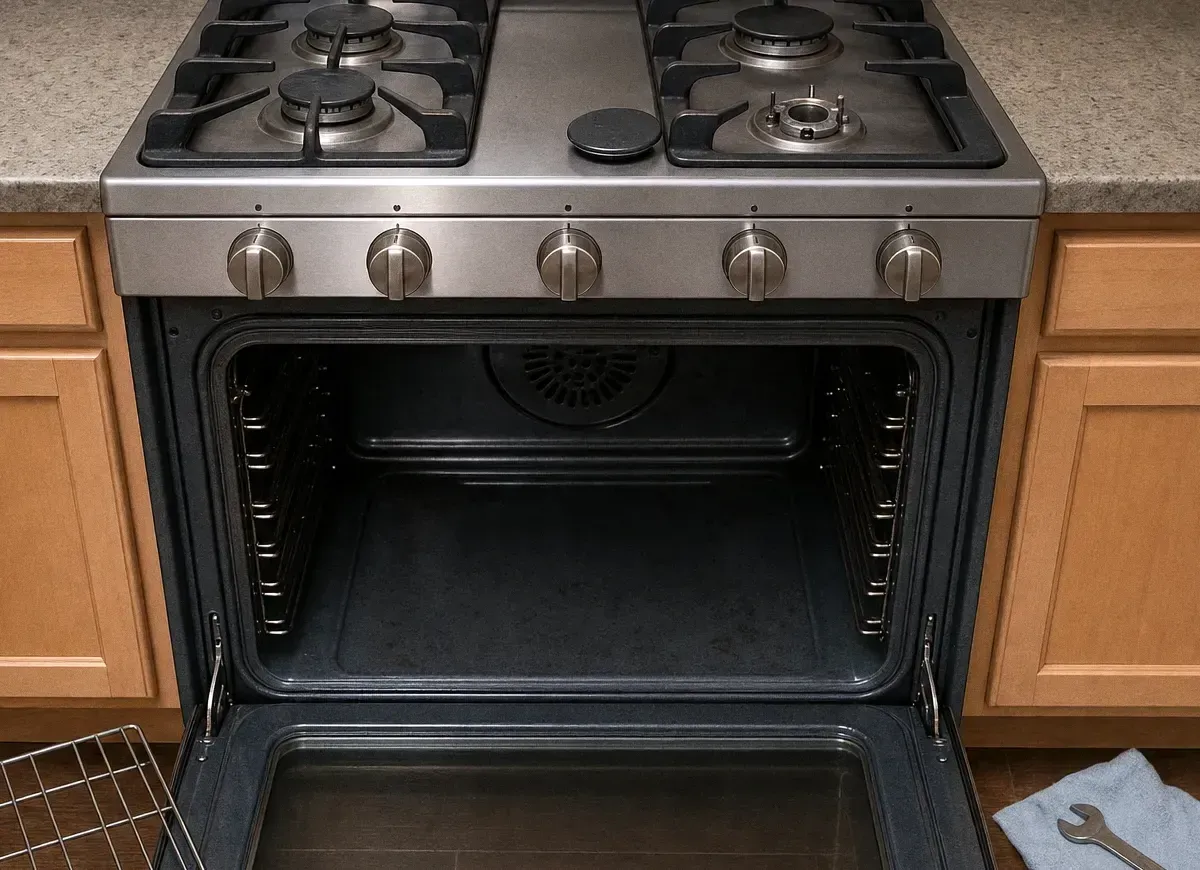 A stainless gas range set into maple cabinets with the oven door lowered on an empty cavity, a rack and a wrench on the floor in front of it