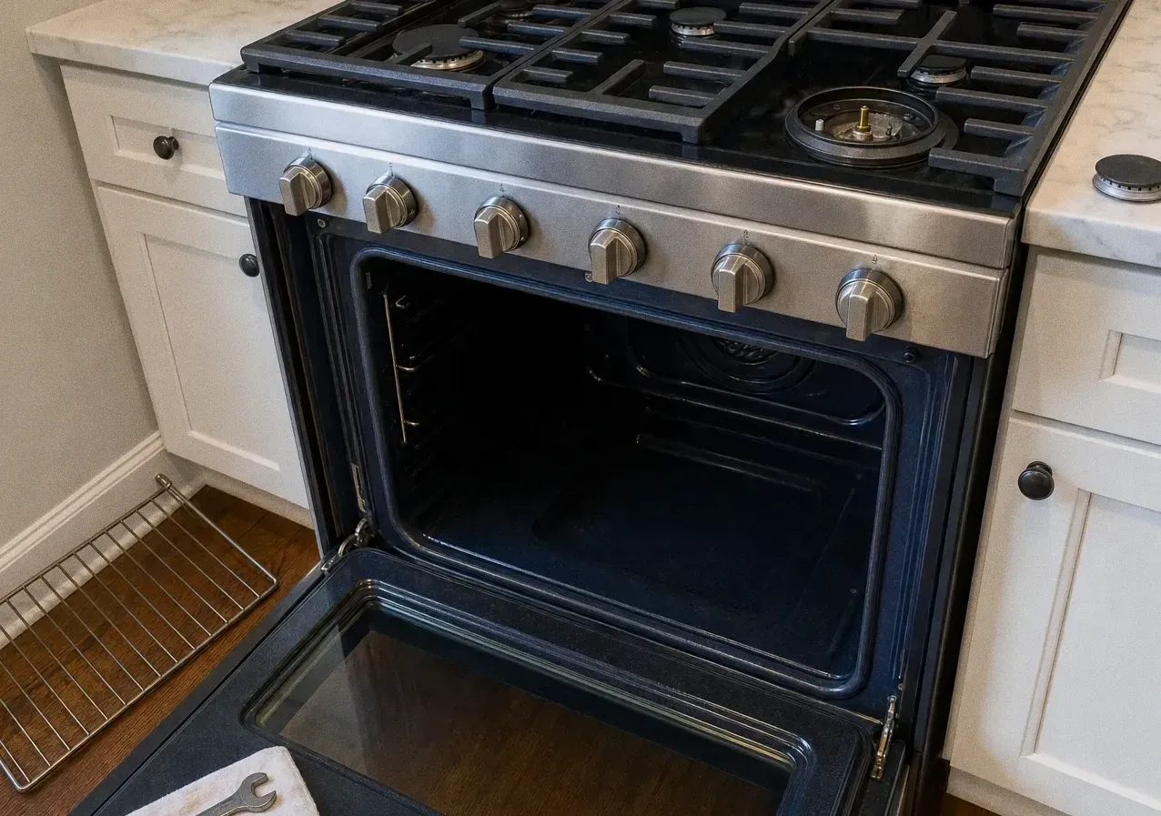 A stainless gas range against white cabinets with the oven door open, standing on a dark wood floor with a rack set down beside it