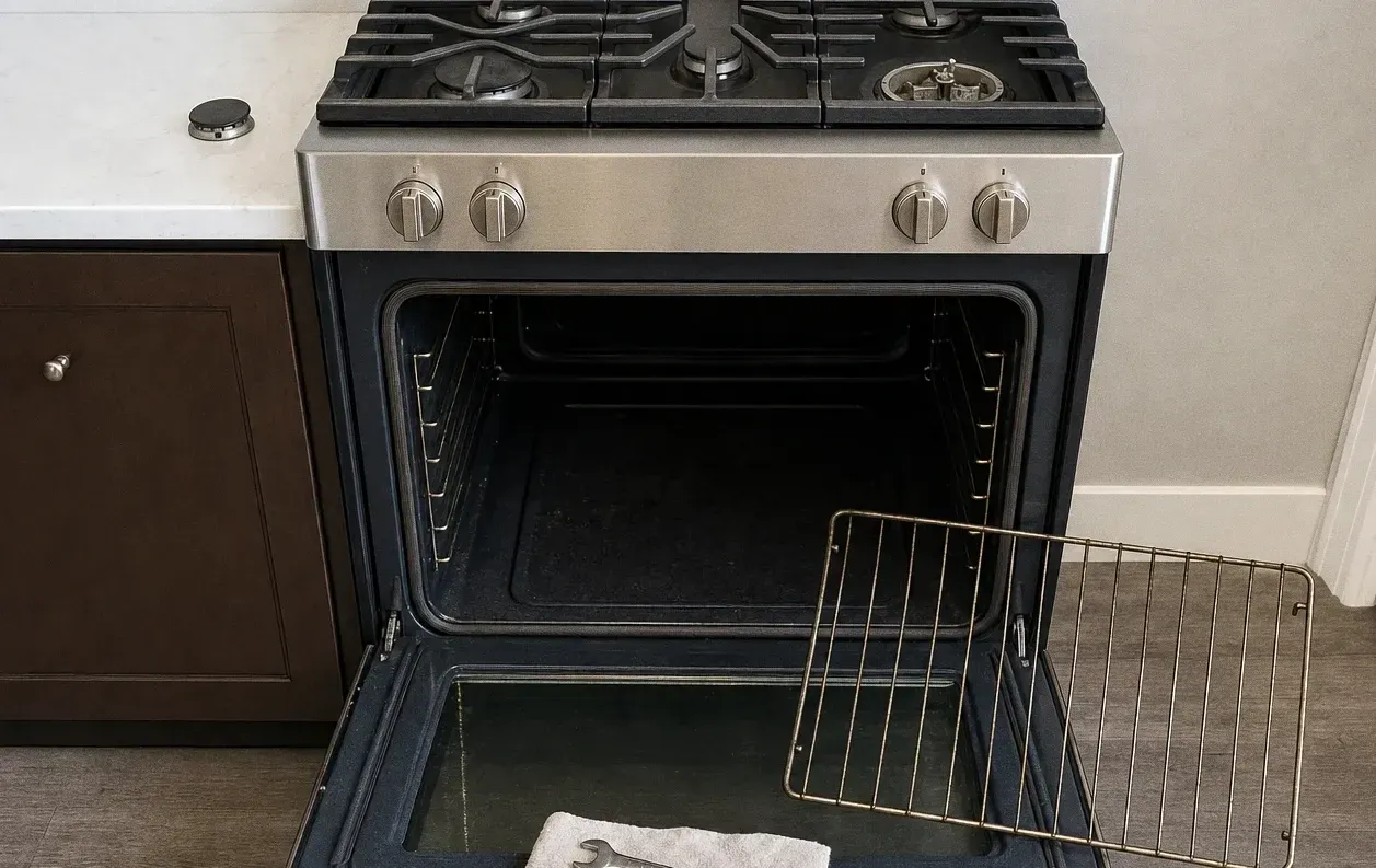 A range with the oven door open and an oven rack propped against it, a folded towel laid along the door edge