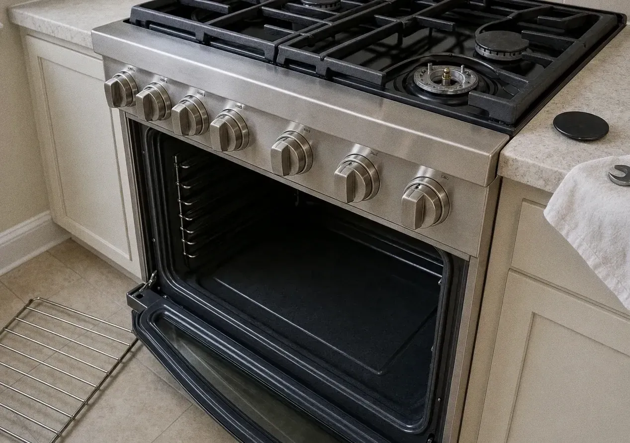 Full front view of a stainless gas range in cream cabinets with the oven door open and an oven rack on the tiled floor